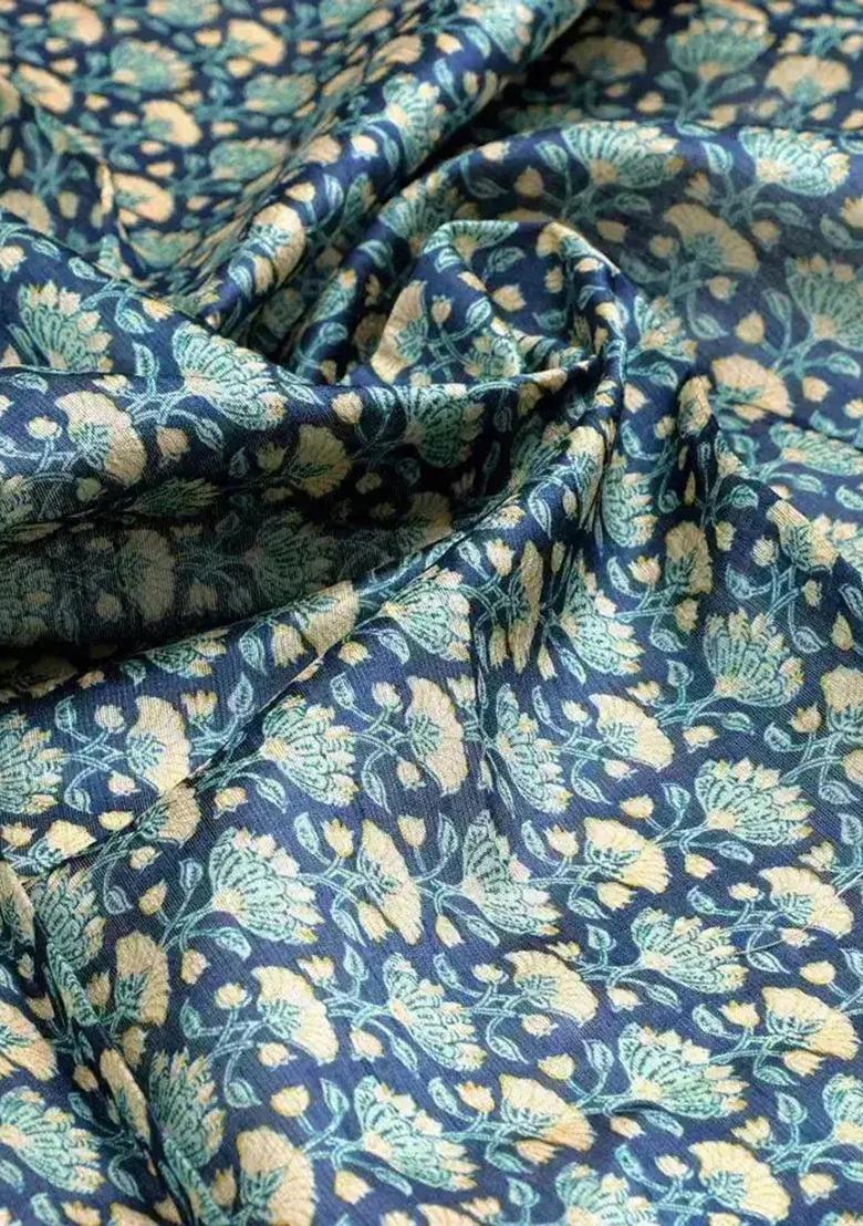 Girls Blue Floral Print Silk Fusion Set - Indya