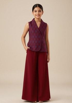 Girls Maroon Ikat Print Silk Fusion Set