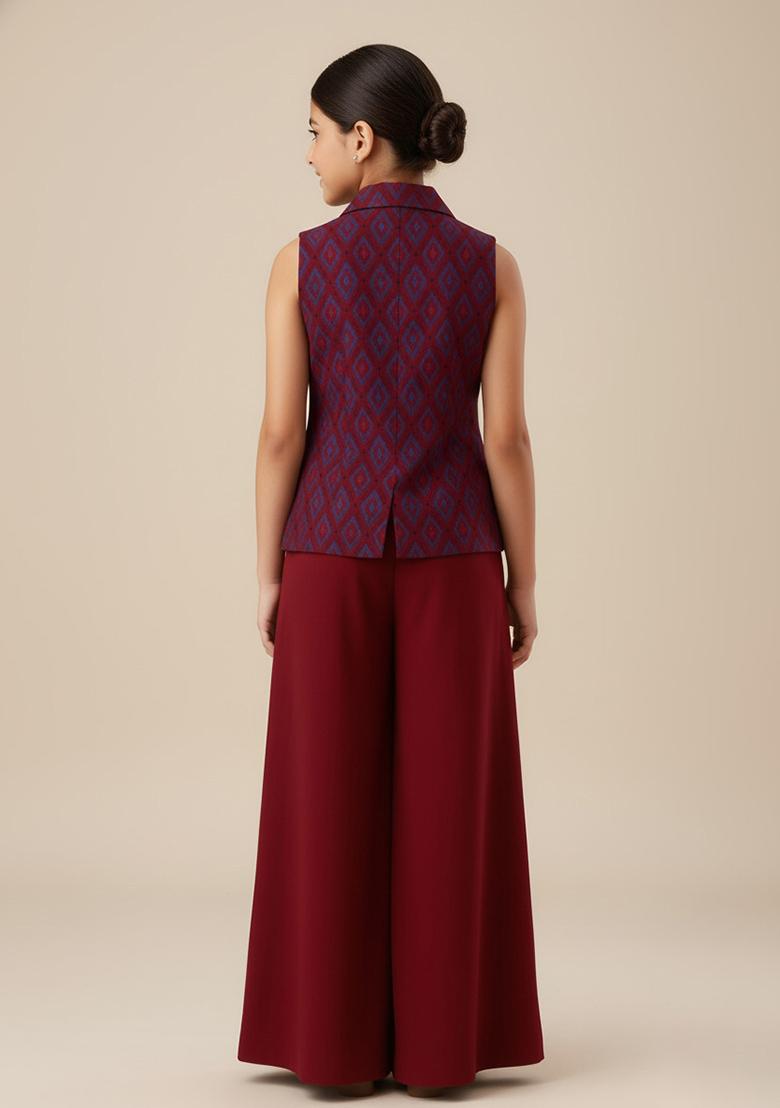 Girls Maroon Ikat Print Silk Fusion Set - Indya