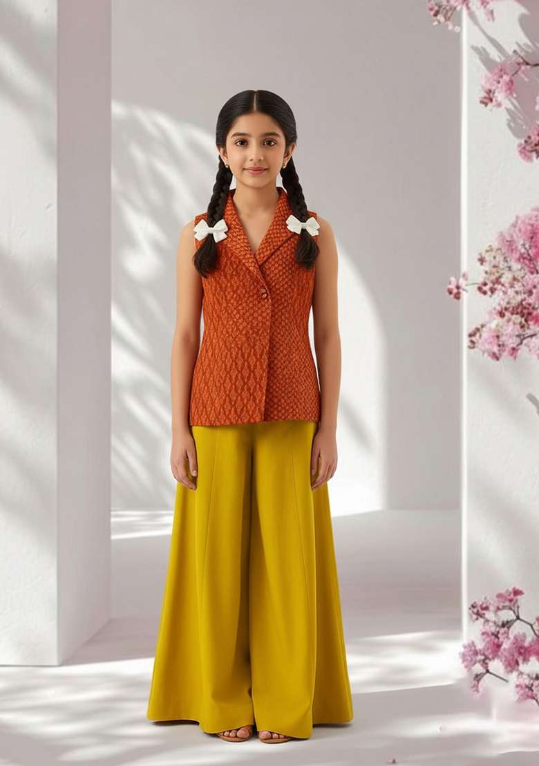 Girls Orange And Yellow Abstract Print Silk Fusion Set - Indya
