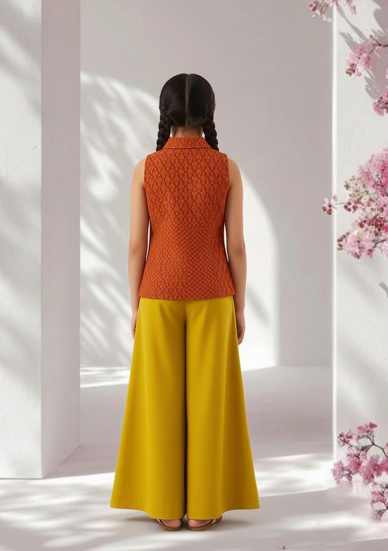 Girls Orange And Yellow Abstract Print Silk Fusion Set - Indya