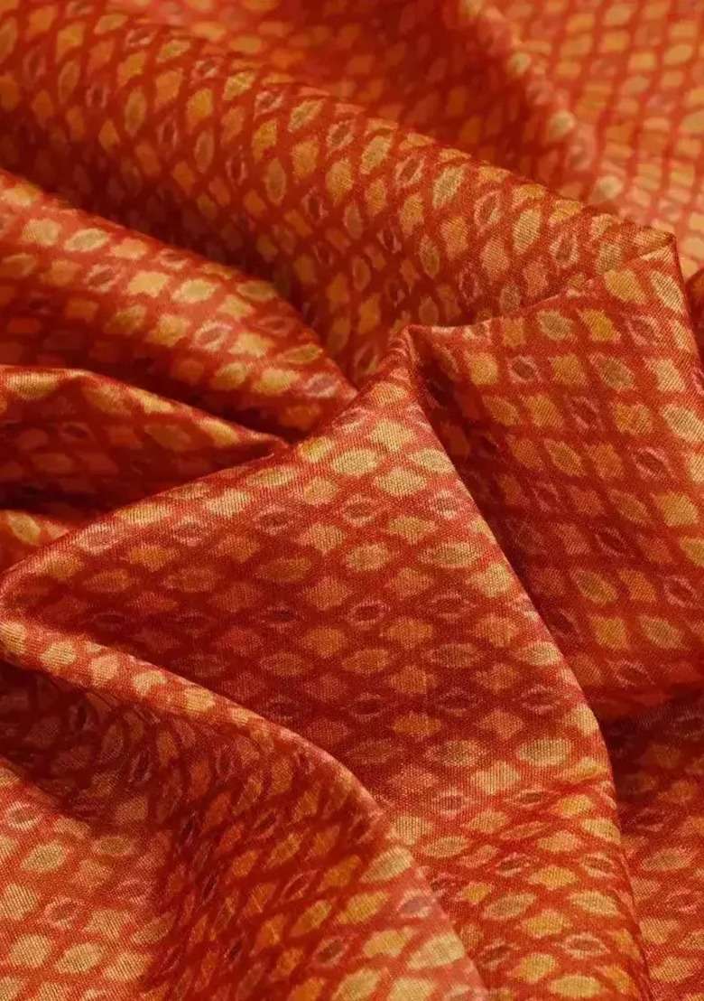 Girls Orange And Yellow Abstract Print Silk Fusion Set - Indya