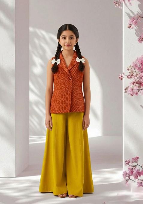 Girls Orange And Yellow Abstract Print Silk Fusion Set