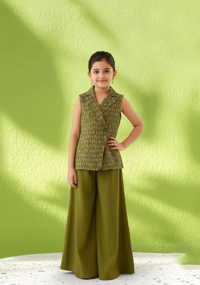 Girls Sage Green Abstract Print Silk Fusion Set - Indya
