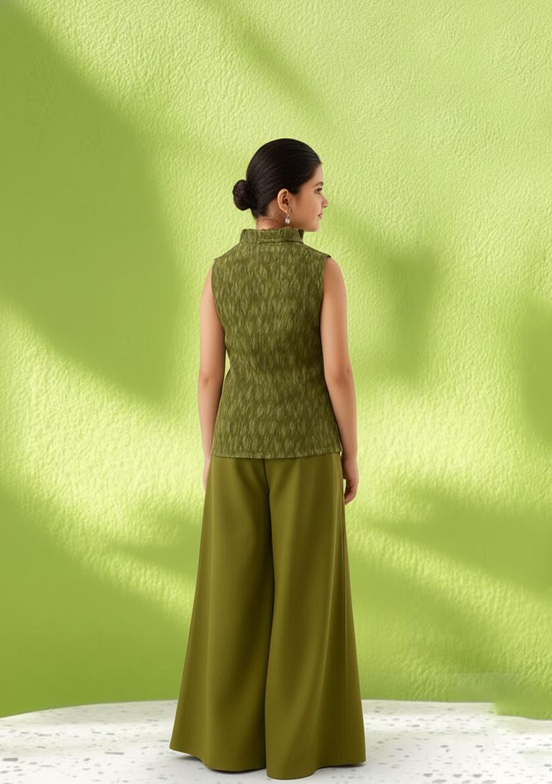 Girls Sage Green Abstract Print Silk Fusion Set - Indya