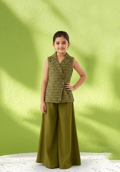 Girls Sage Green Abstract Print Silk Fusion Set