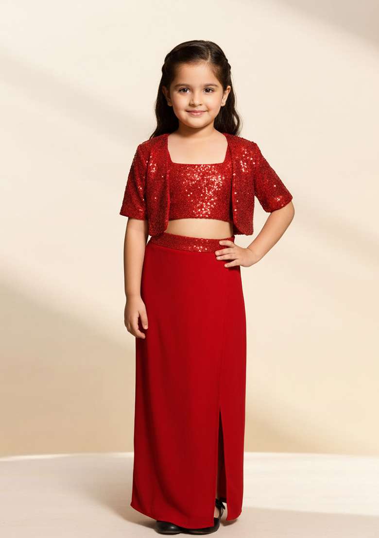 Girls Red Sequin Georgette Fusion Set - Indya