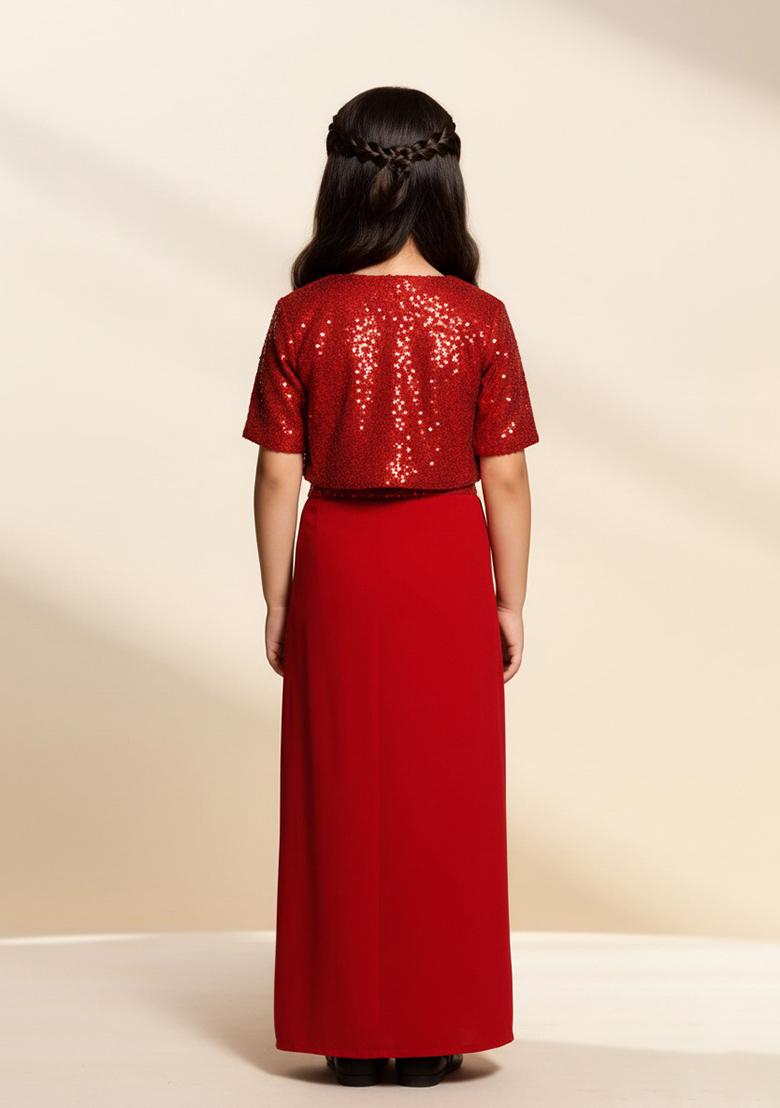 Girls Red Sequin Georgette Fusion Set - Indya