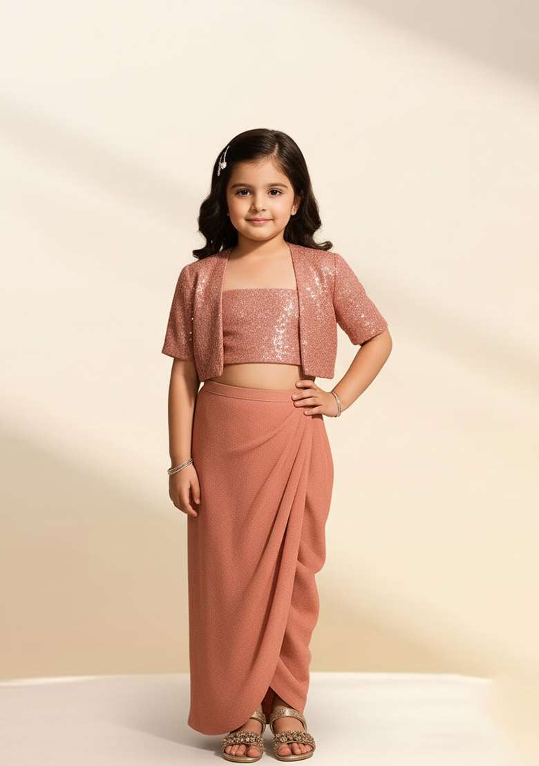 Girls Peach Sequin Georgette Fusion Set - Indya