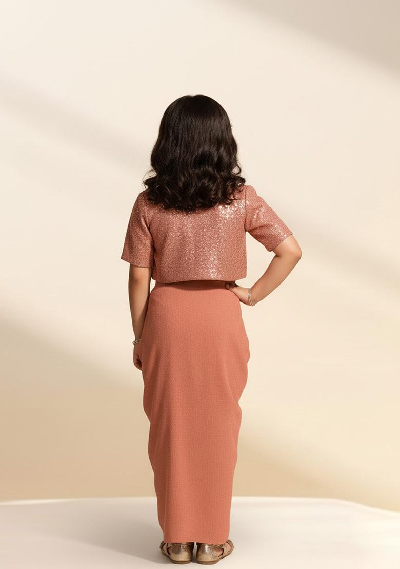Girls Peach Sequin Georgette Fusion Set - Indya