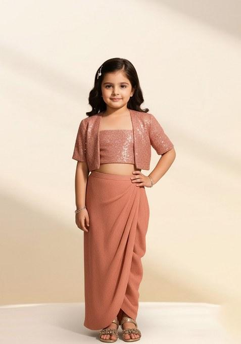 Girls Peach Sequin Georgette Fusion Set