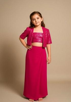 Girls Hot Pink Sequin Georgette Fusion Set