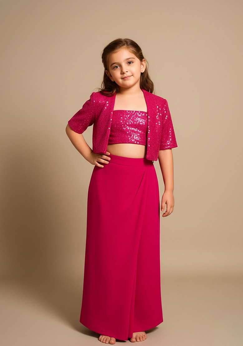 Girls Hot Pink Sequin Georgette Fusion Set - Indya