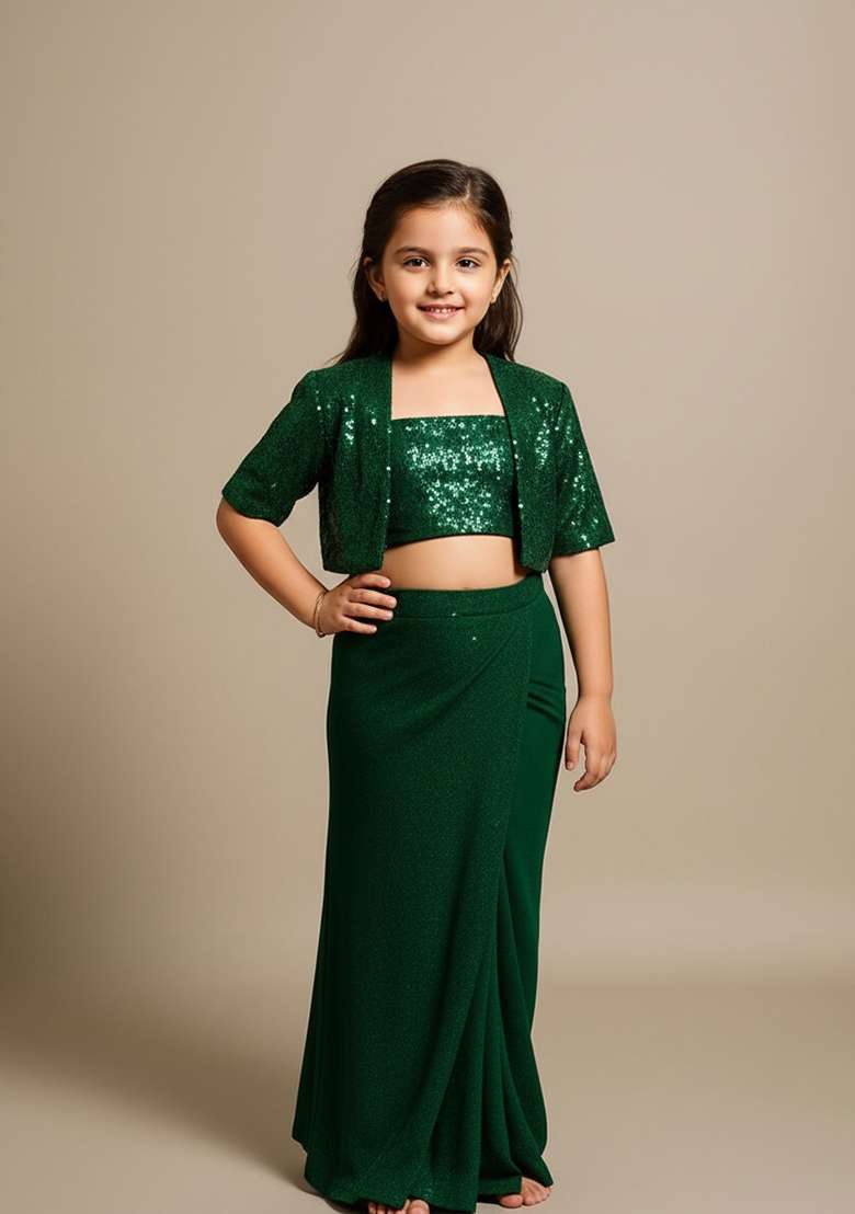 Girls Bottle Green Sequin Georgette Fusion Set - Indya