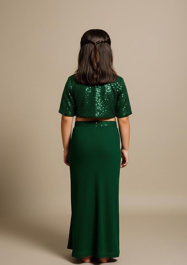 Girls Bottle Green Sequin Georgette Fusion Set - Indya