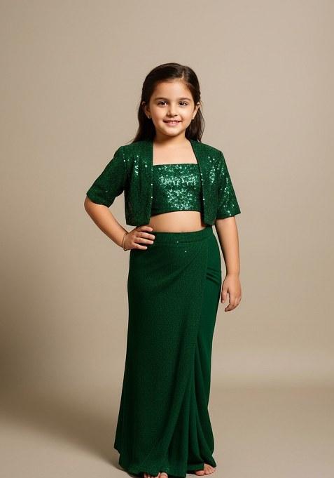 Girls Bottle Green Sequin Georgette Fusion Set