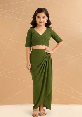 Girls Olive Green Embellished Georgette Fusion Set