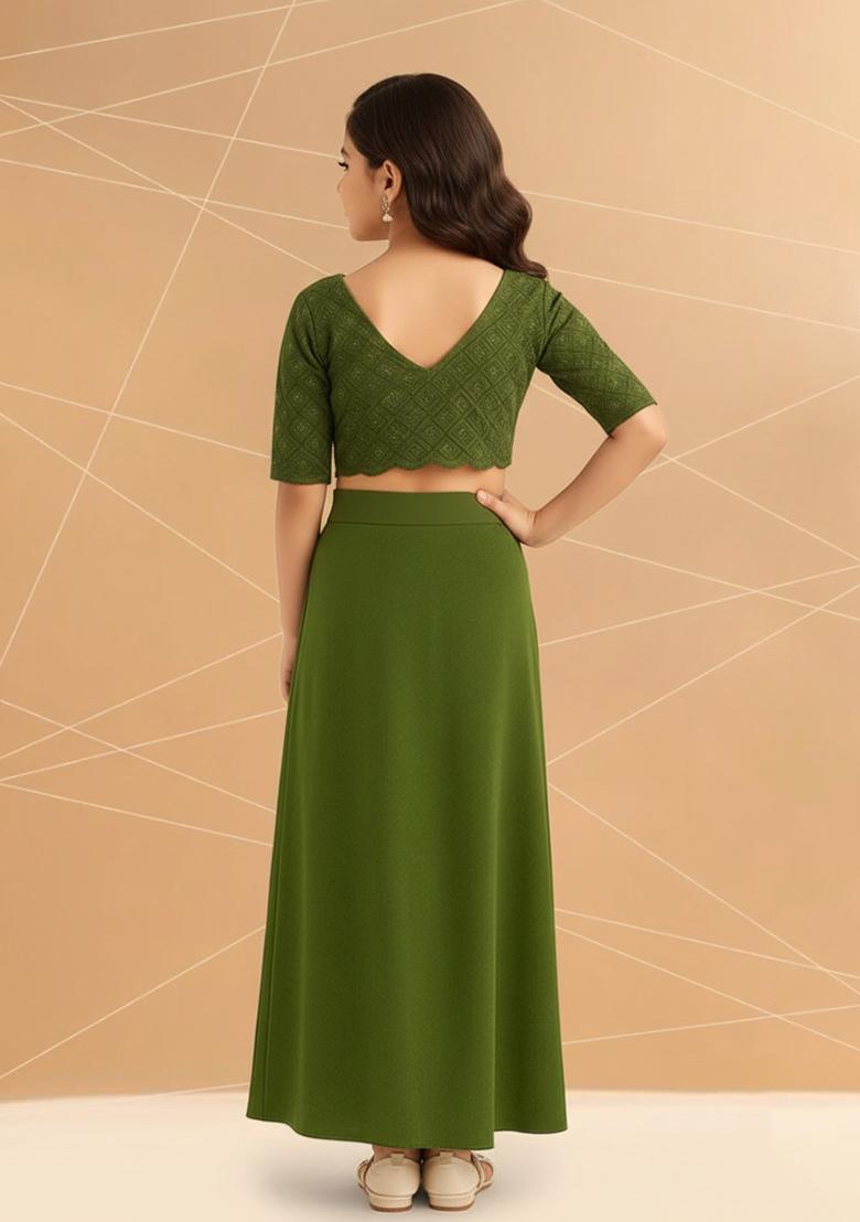 Girls Olive Green Embellished Georgette Fusion Set - Indya