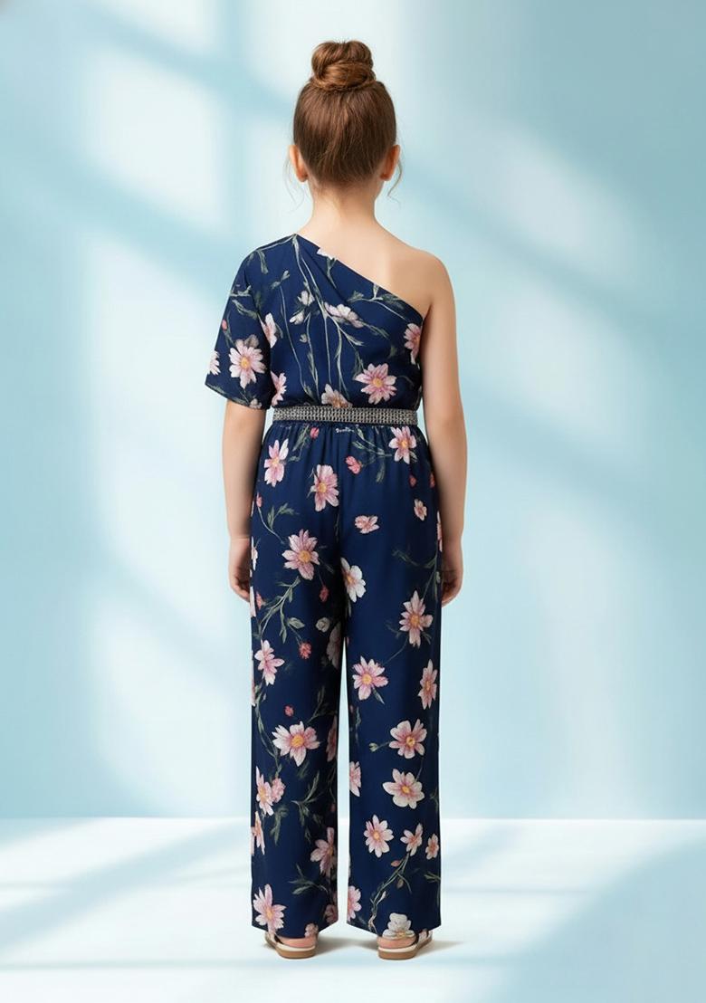 Girls Blue Floral Print Crepe Fusion Set - Indya