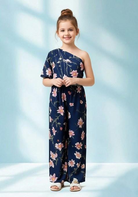 Girls Blue Floral Print Crepe Fusion Set