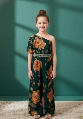 Girls Bottle Green Floral Print Crepe Fusion Set