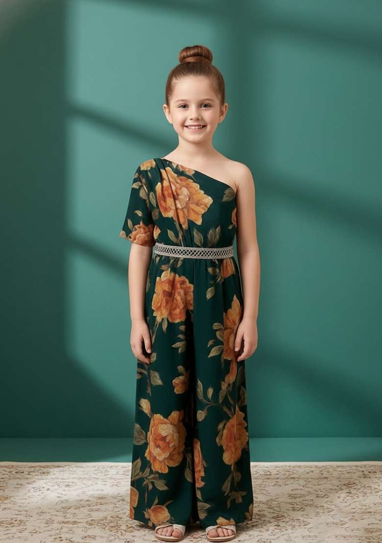 Girls Bottle Green Floral Print Crepe Fusion Set - Indya