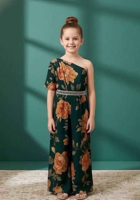 Girls Bottle Green Floral Print Crepe Fusion Set