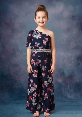 Girls Navy Blue Floral Print Crepe Fusion Set