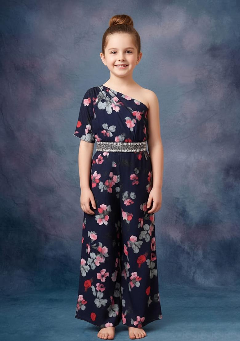 Girls Navy Blue Floral Print Crepe Fusion Set - Indya