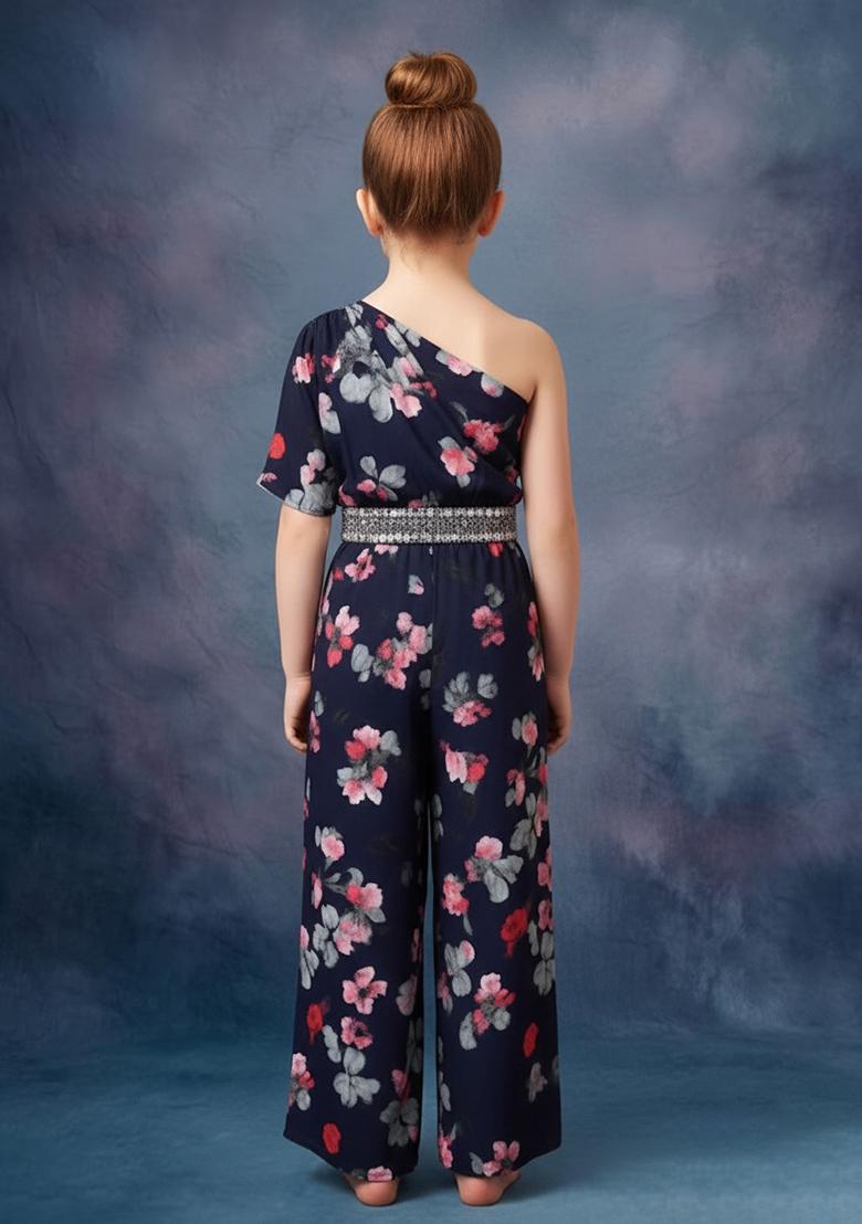 Girls Navy Blue Floral Print Crepe Fusion Set - Indya