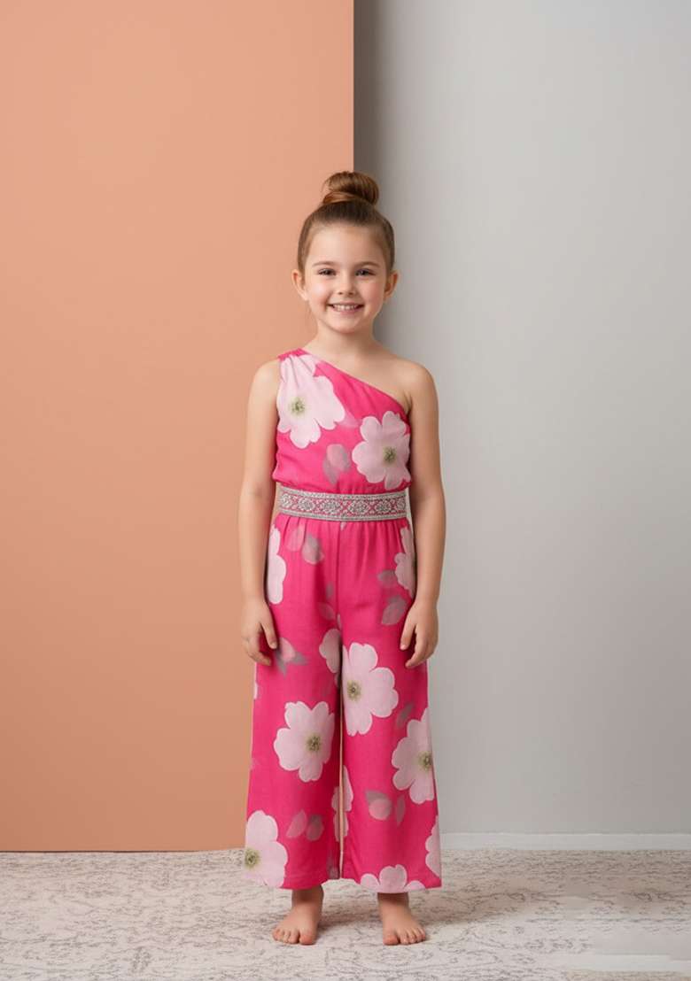 Girls Pink Floral Print Crepe Fusion Set - Indya