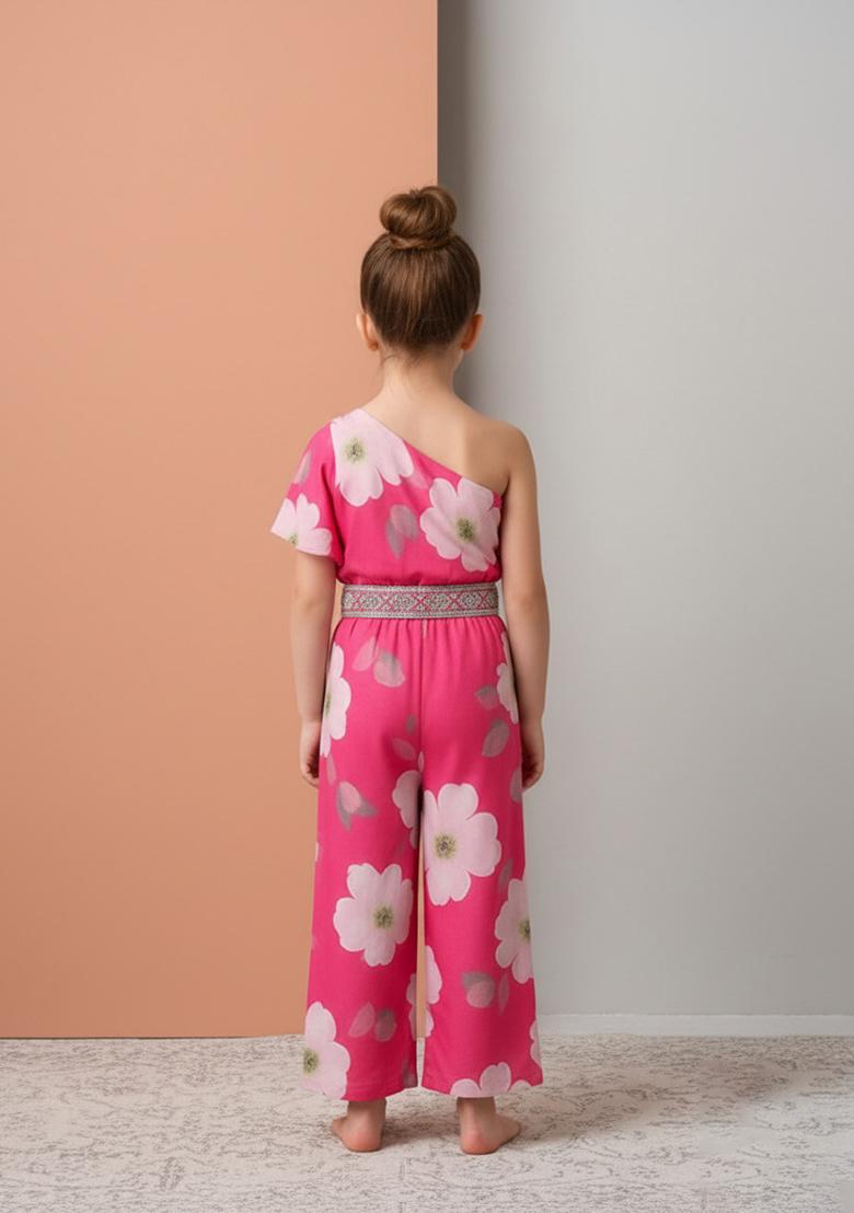 Girls Pink Floral Print Crepe Fusion Set - Indya