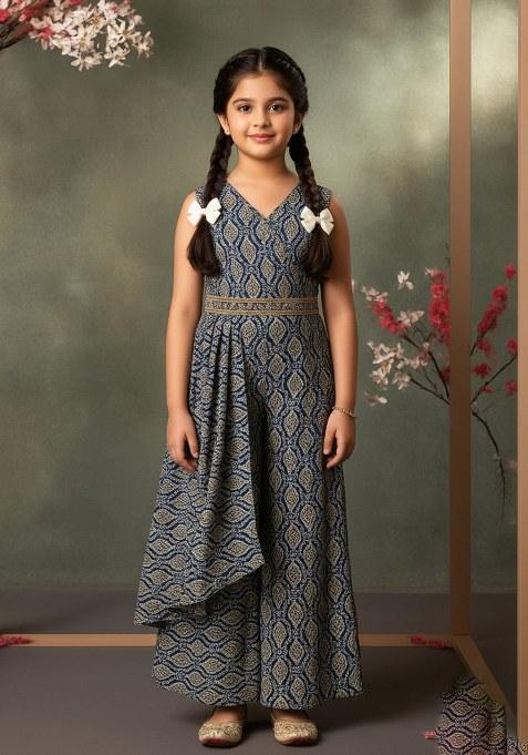 Girls Blue Paisley Print Georgette Fusion Set