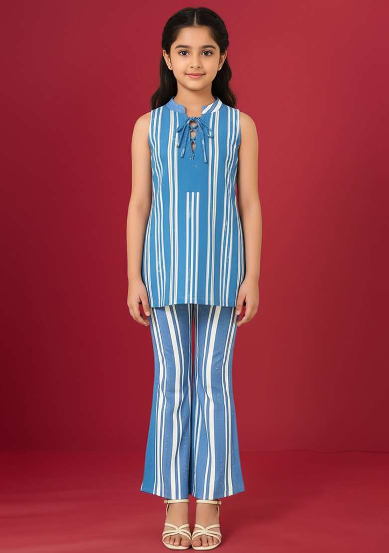 Girls Light Blue Striped Denim Co-Ord Set - Indya