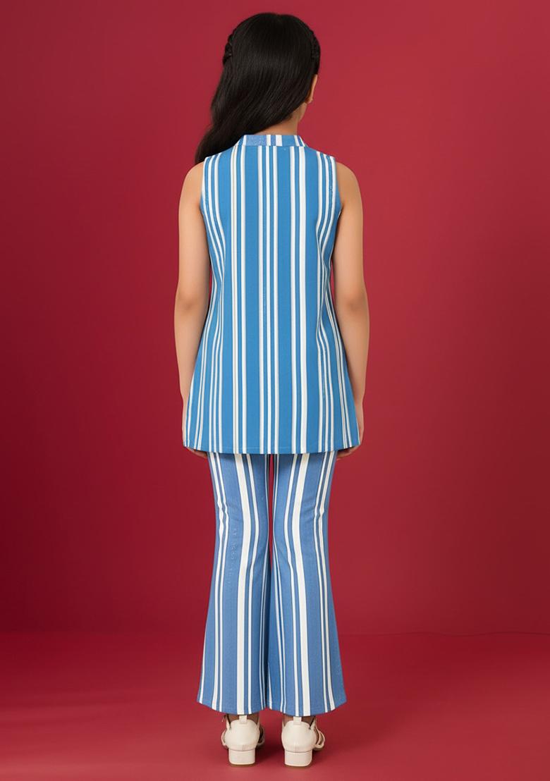 Girls Light Blue Striped Denim Co-Ord Set - Indya