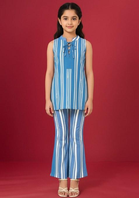 Girls Light Blue Striped Denim Co-Ord Set
