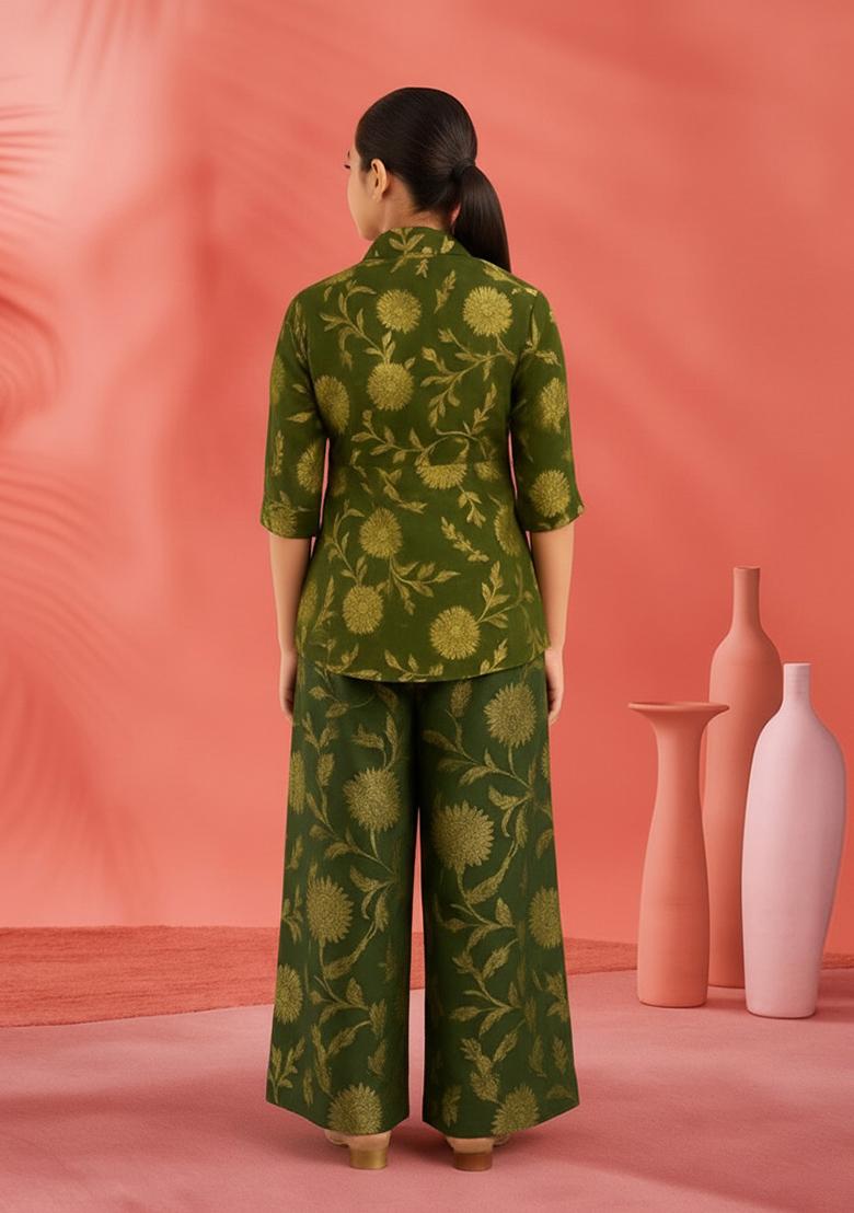 Girls Green Brocade Co-Ord Set - Indya