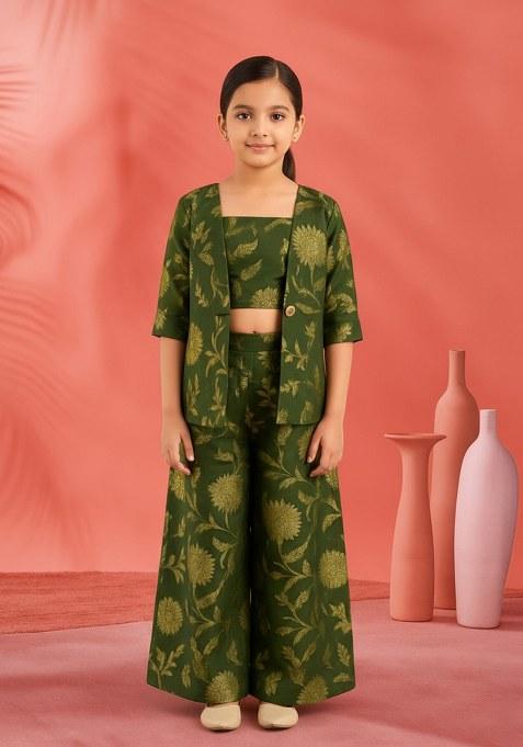 Girls Green Brocade Co-Ord Set