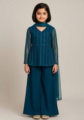 Girls Rama Green Embroidered Net Sharara Set