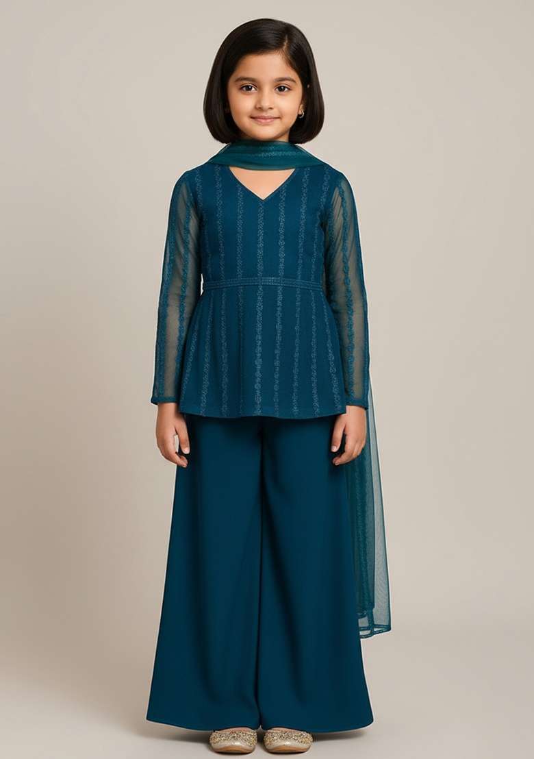 Girls Rama Green Embroidered Net Sharara Set - Indya