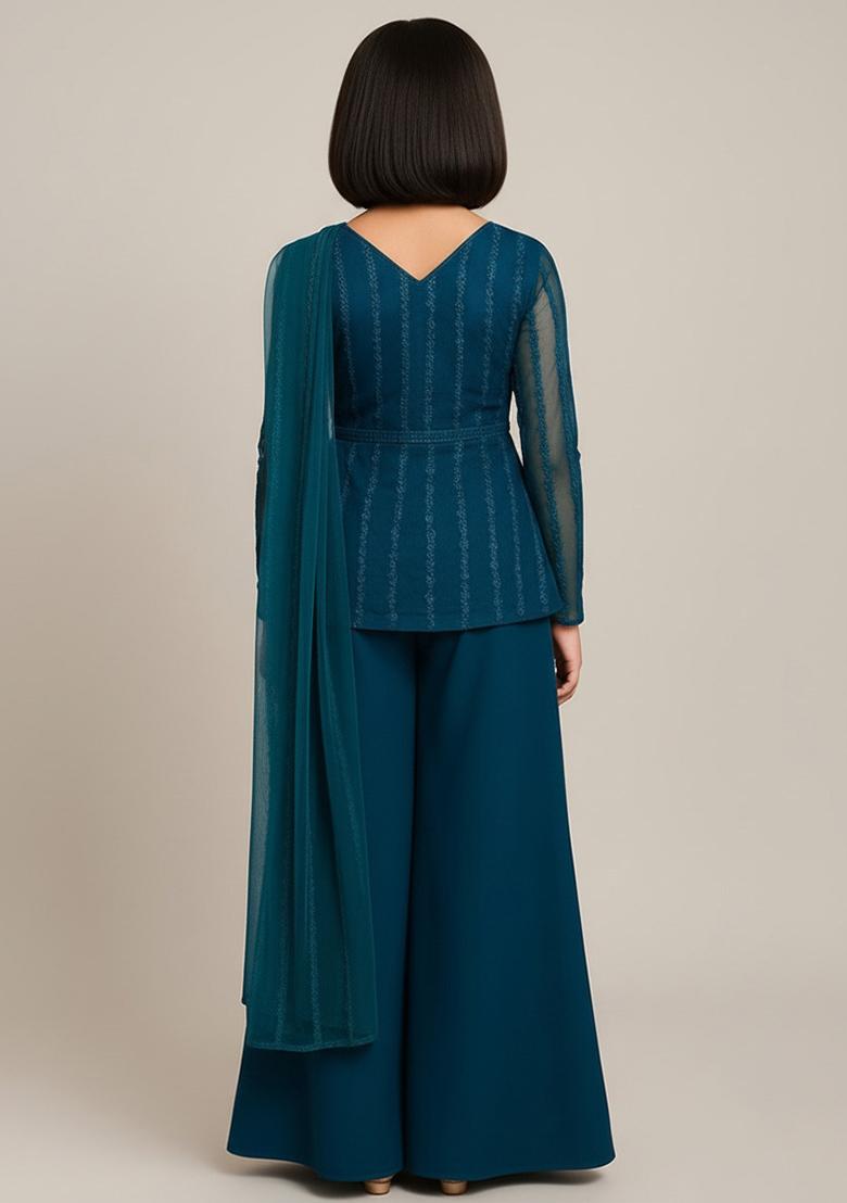 Girls Rama Green Embroidered Net Sharara Set - Indya