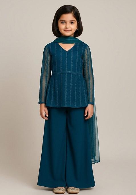 Girls Rama Green Embroidered Net Sharara Set