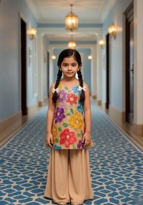 Girls Beige Embroidered Crepe Kurta Set