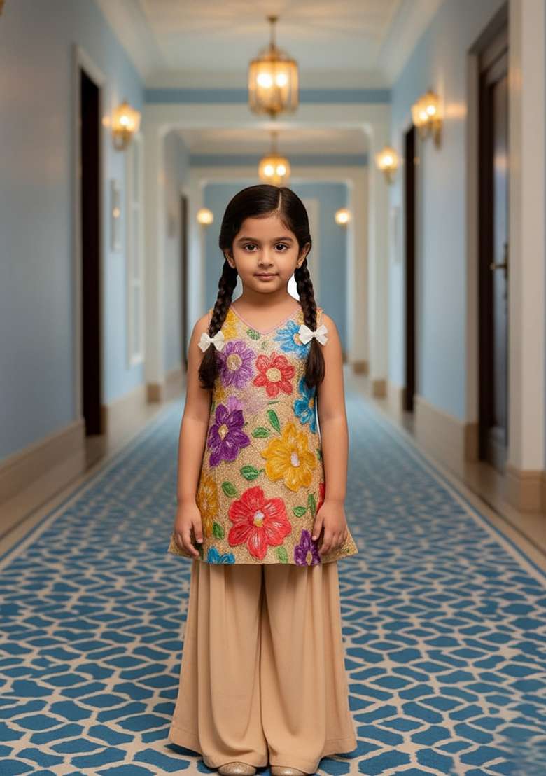 Girls Beige Embroidered Crepe Kurta Set - Indya