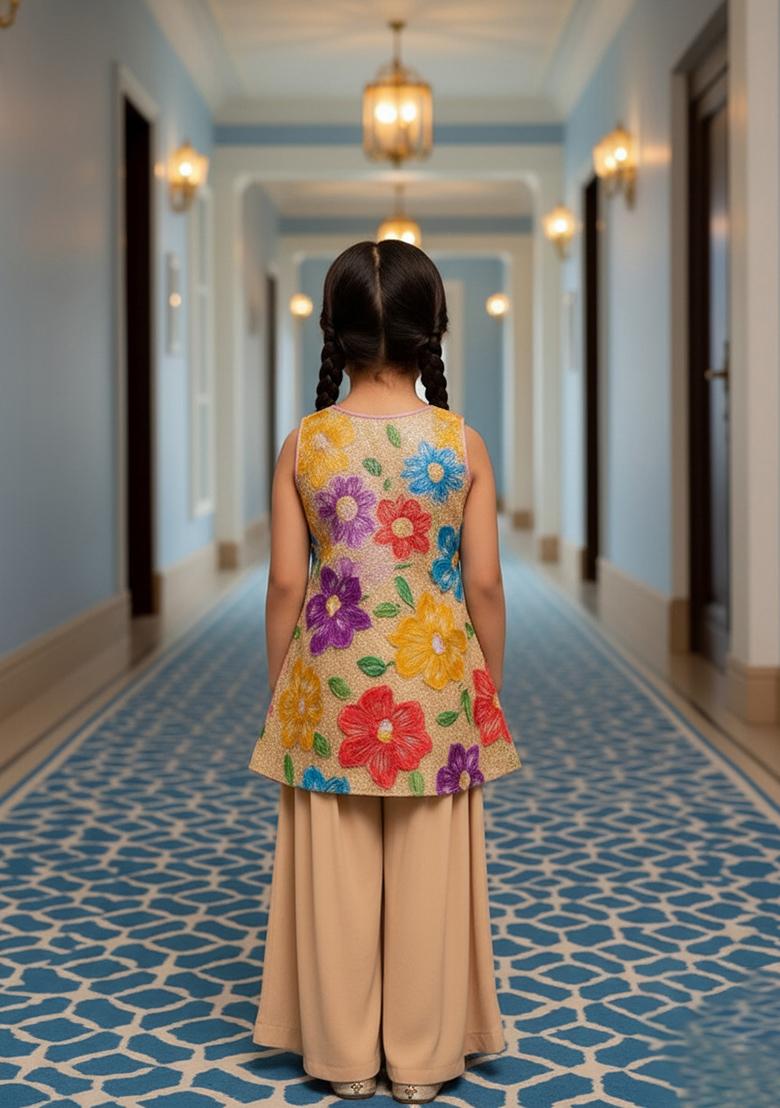 Girls Beige Embroidered Crepe Kurta Set - Indya