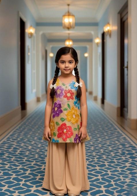 Girls Beige Embroidered Crepe Kurta Set