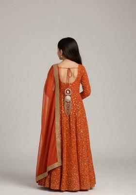 Girls Orange Embroidered Georgette Anarkali Set