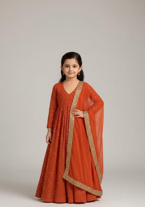 Girls Orange Embroidered Georgette Anarkali Set