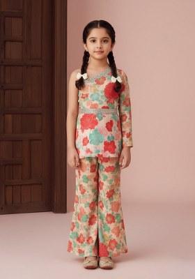 Girls Peach Floral Print Chiffon Kurta Set