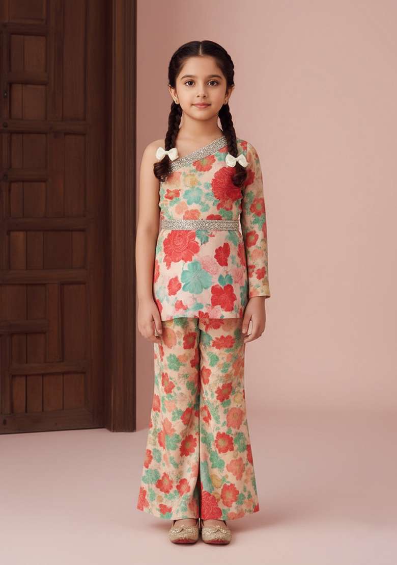 Girls Peach Floral Print Chiffon Kurta Set - Indya